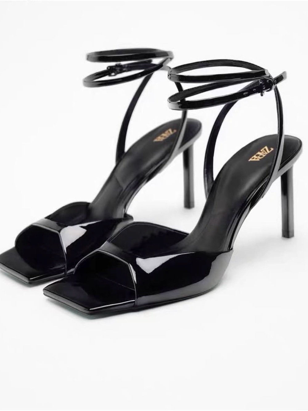 Zara Black Faux Patent Double-Ankle Strap Stiletto Heel Sandals